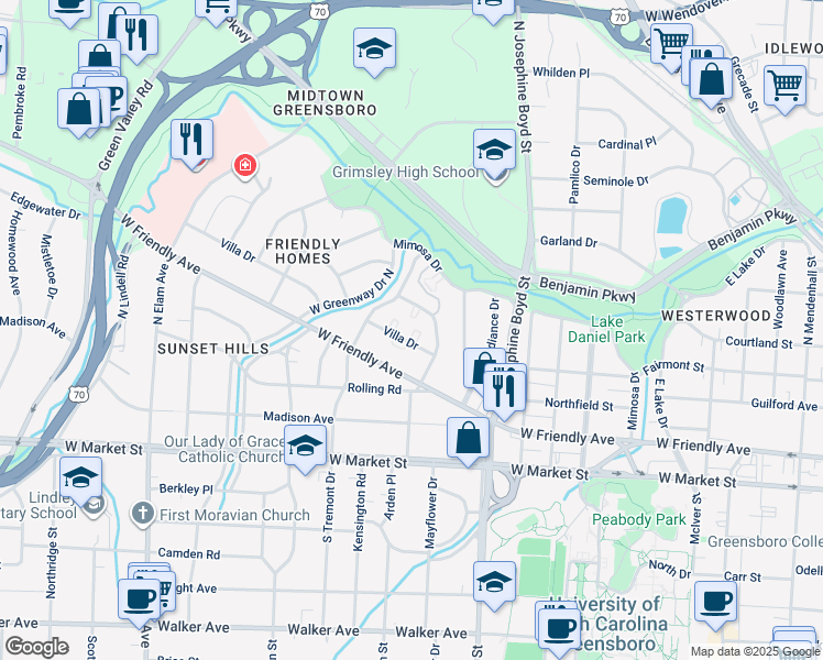 map of restaurants, bars, coffee shops, grocery stores, and more near 1822 Villa Drive in Greensboro