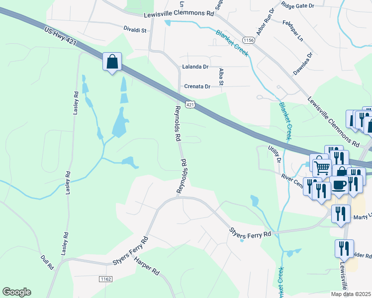 map of restaurants, bars, coffee shops, grocery stores, and more near 1109 Reynolds Road in Lewisville