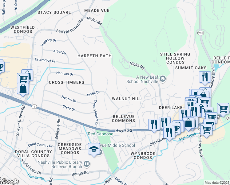 map of restaurants, bars, coffee shops, grocery stores, and more near 825 Stirrup Drive in Nashville