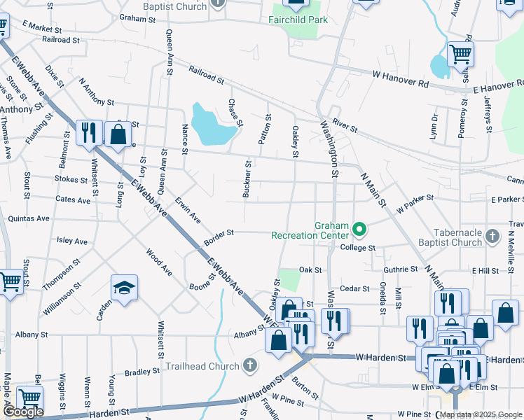 map of restaurants, bars, coffee shops, grocery stores, and more near 618 Whitsett Street in Graham