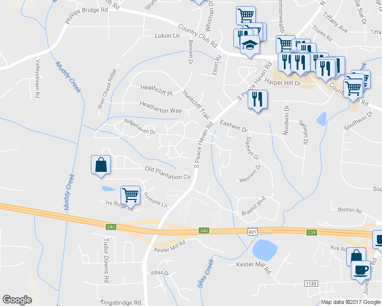 map of restaurants, bars, coffee shops, grocery stores, and more near 232 Barrington Place in Winston-Salem