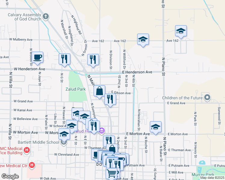 map of restaurants, bars, coffee shops, grocery stores, and more near 14 East Gibson Avenue in Porterville