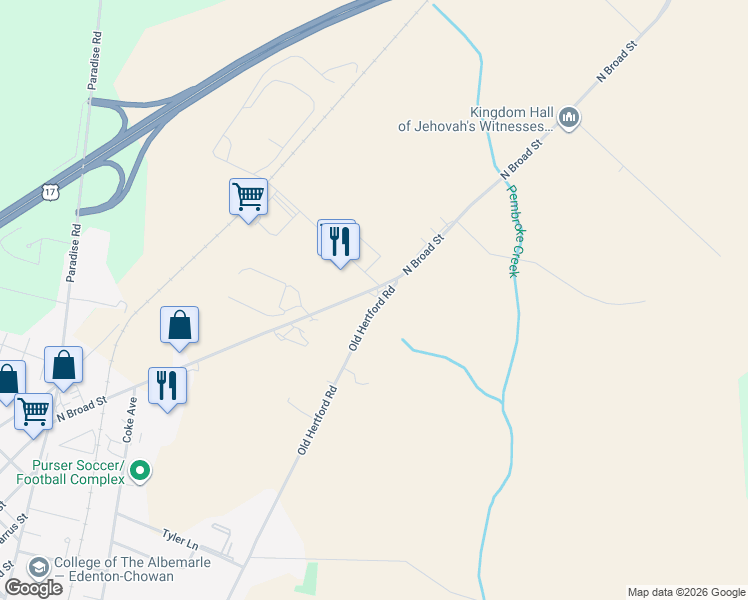 map of restaurants, bars, coffee shops, grocery stores, and more near Old Hertford Road in Edenton
