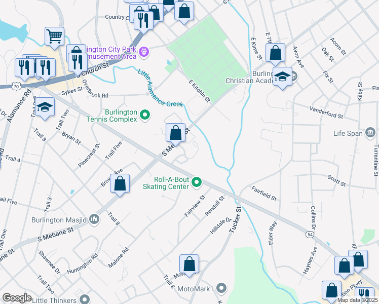 map of restaurants, bars, coffee shops, grocery stores, and more near 1528 South Mebane Street in Burlington