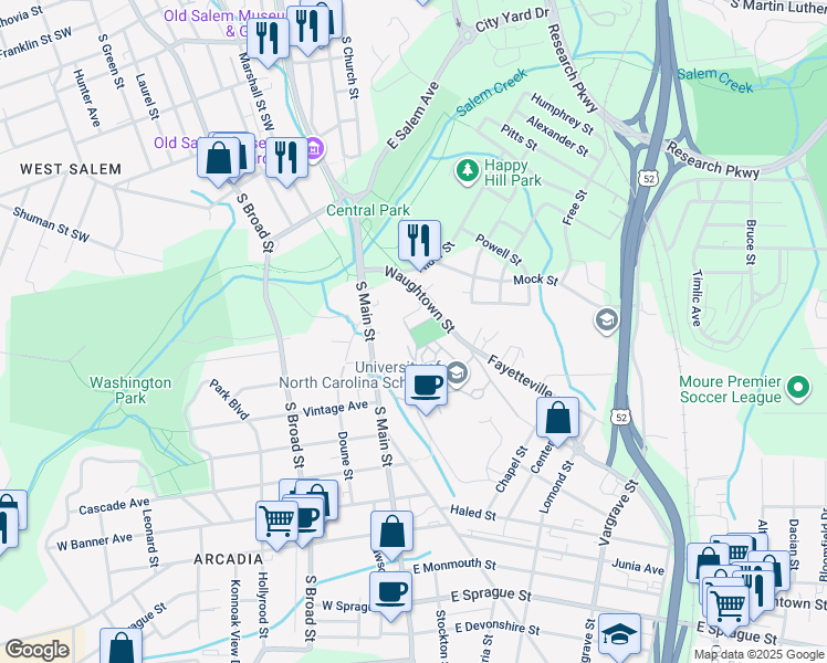 map of restaurants, bars, coffee shops, grocery stores, and more near 172 Waughtown Street in Winston-Salem