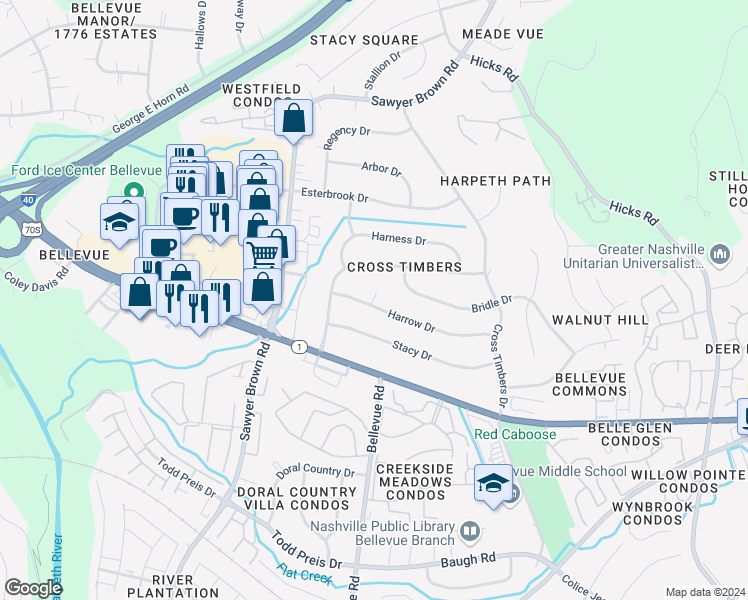 map of restaurants, bars, coffee shops, grocery stores, and more near 7460 Harrow Drive in Nashville