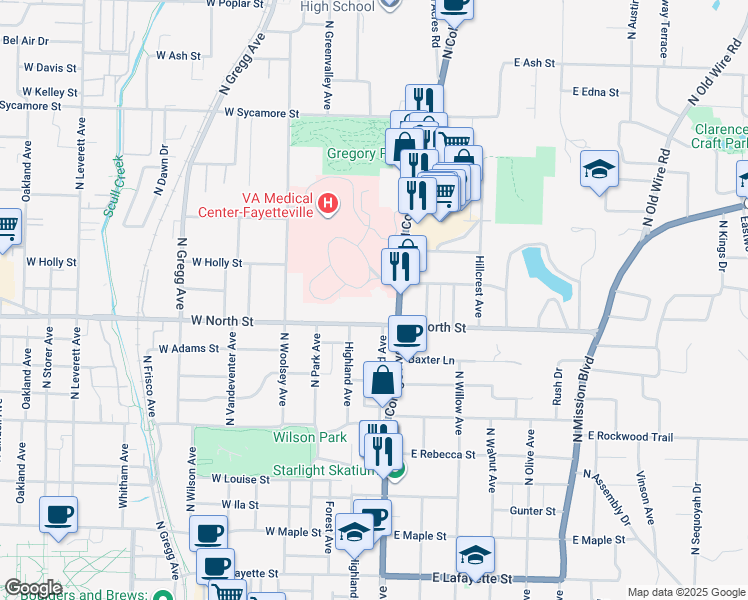 map of restaurants, bars, coffee shops, grocery stores, and more near 1179 North College Avenue in Fayetteville