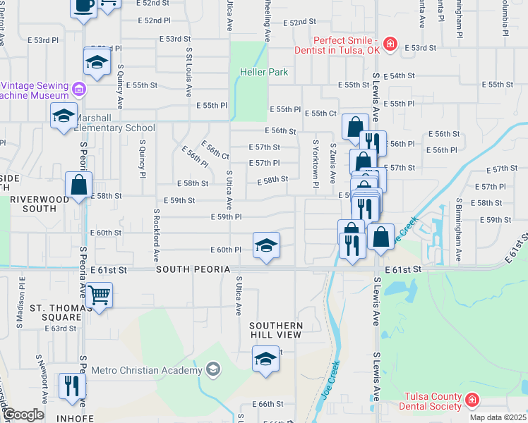 map of restaurants, bars, coffee shops, grocery stores, and more near 1735 East 59th Place in Tulsa