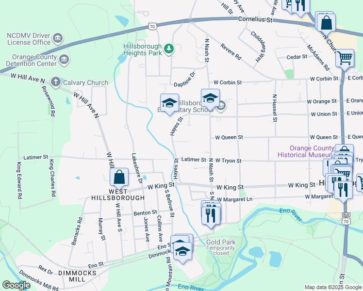 map of restaurants, bars, coffee shops, grocery stores, and more near 525 Spruce Street in Hillsborough
