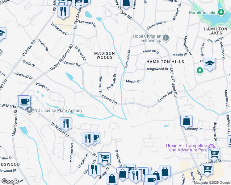 map of restaurants, bars, coffee shops, grocery stores, and more near 5004 Tower Road in Greensboro