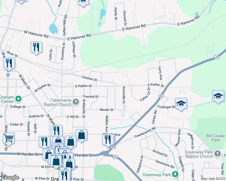 map of restaurants, bars, coffee shops, grocery stores, and more near 608 Mendel Terrace in Graham