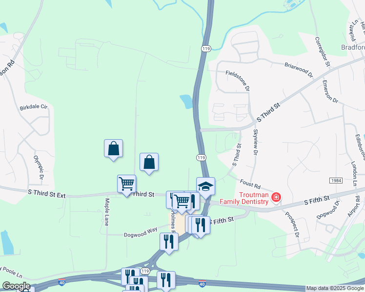 map of restaurants, bars, coffee shops, grocery stores, and more near 1394 South Third Street in Mebane