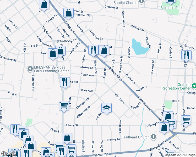 map of restaurants, bars, coffee shops, grocery stores, and more near 1410 Whitsett Street in Burlington