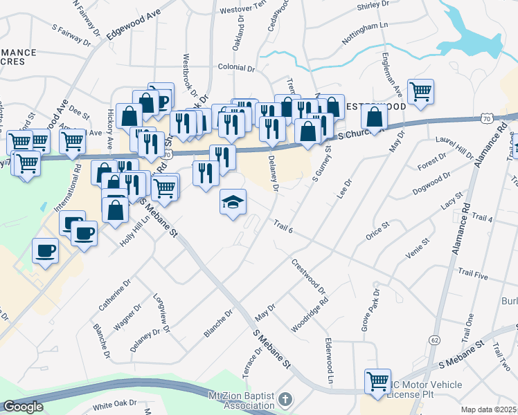 map of restaurants, bars, coffee shops, grocery stores, and more near 2223 Delaney Drive in Burlington