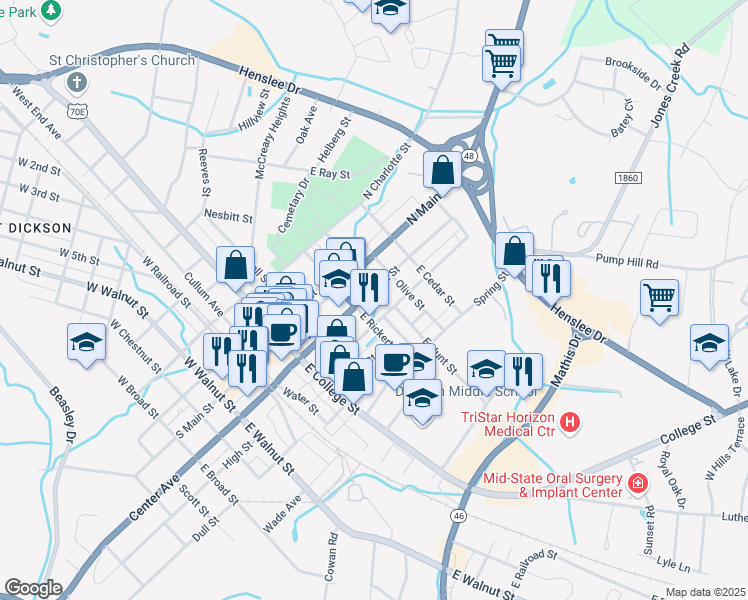 map of restaurants, bars, coffee shops, grocery stores, and more near 307 Church Street in Dickson