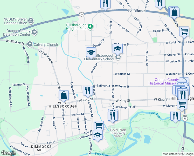 map of restaurants, bars, coffee shops, grocery stores, and more near 525 Spruce Street in Hillsborough