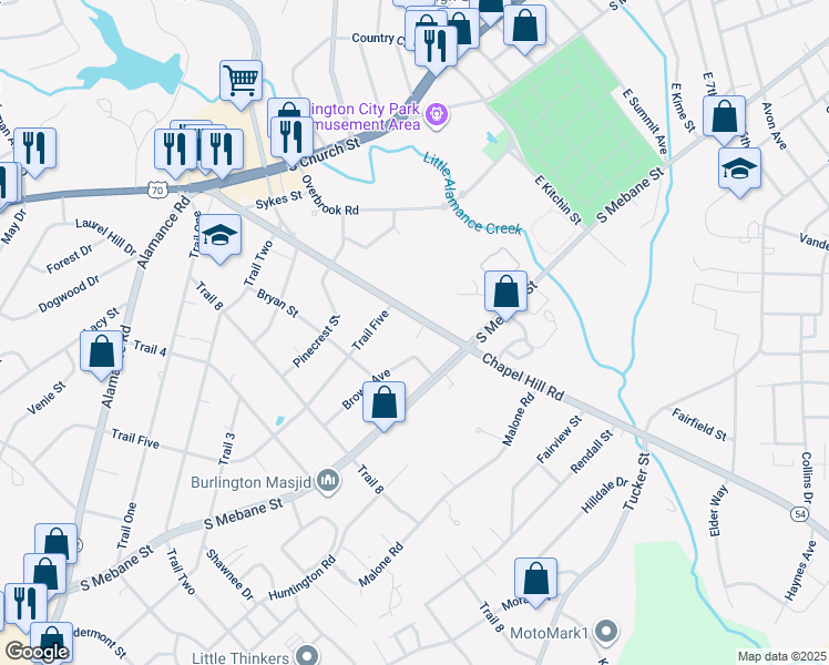 map of restaurants, bars, coffee shops, grocery stores, and more near 417 Chapel Hill Road in Burlington