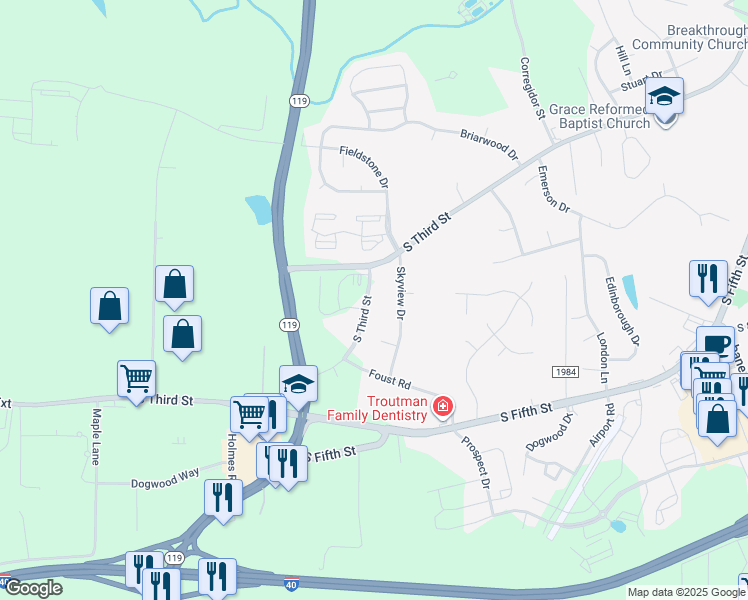 map of restaurants, bars, coffee shops, grocery stores, and more near 1229 South Third Street in Mebane