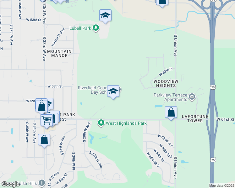 map of restaurants, bars, coffee shops, grocery stores, and more near 2433 West 61st Street in Tulsa