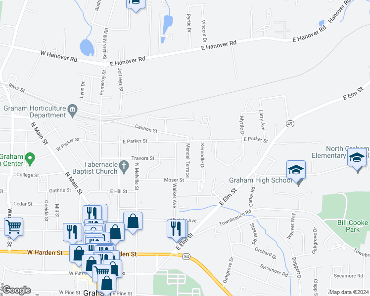 map of restaurants, bars, coffee shops, grocery stores, and more near 608 Mendel Terrace in Graham
