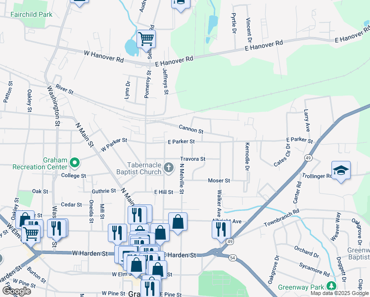 map of restaurants, bars, coffee shops, grocery stores, and more near 609 North Melville Street in Graham