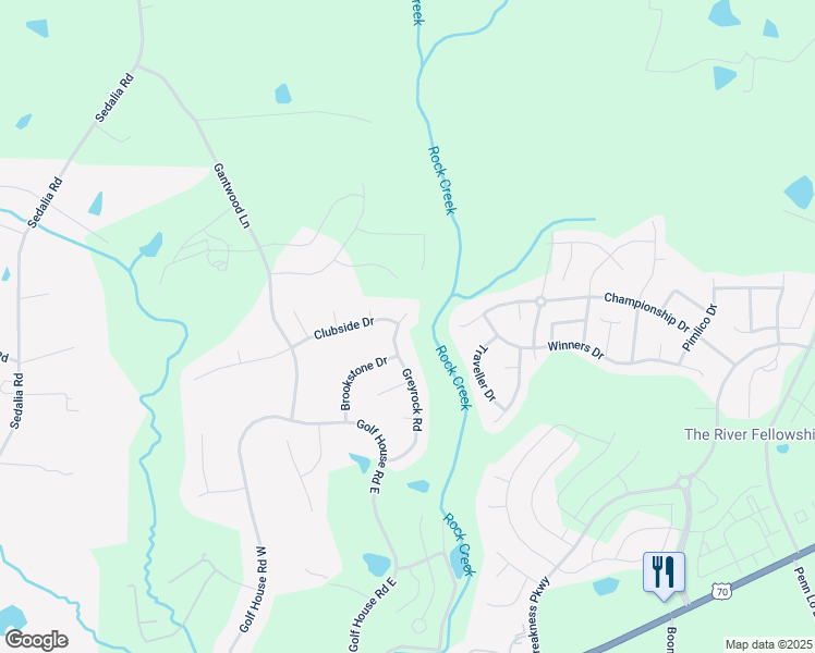 map of restaurants, bars, coffee shops, grocery stores, and more near 606 Greyrock Road in Whitsett