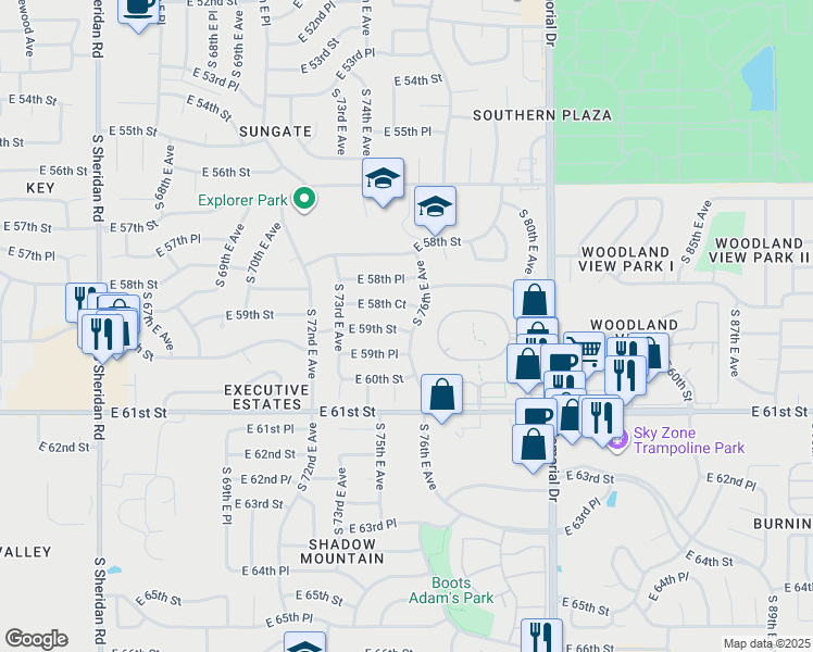 map of restaurants, bars, coffee shops, grocery stores, and more near 5881 East 59th Street in Tulsa