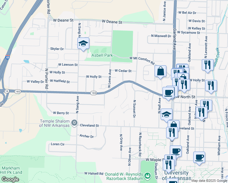 map of restaurants, bars, coffee shops, grocery stores, and more near 1627 West Wedington Drive in Fayetteville