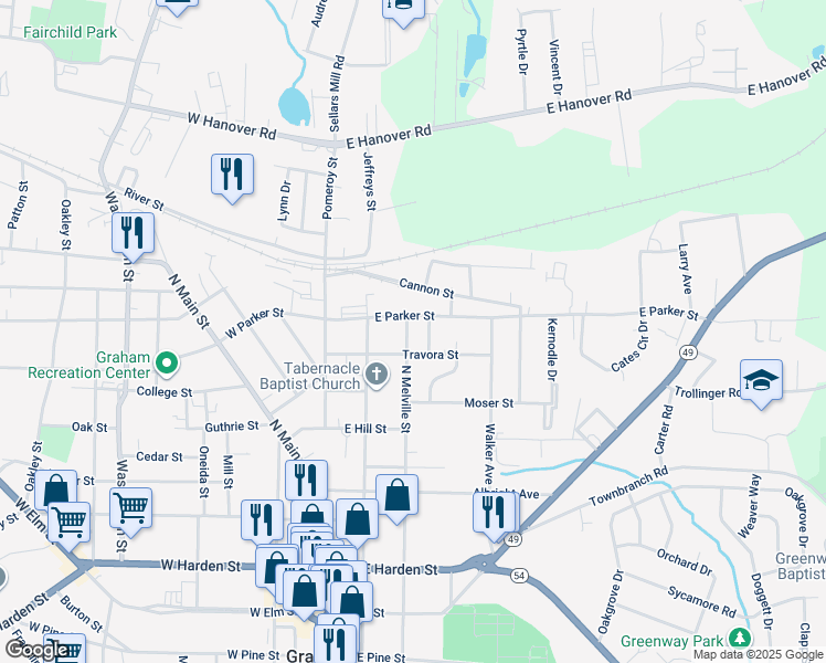 map of restaurants, bars, coffee shops, grocery stores, and more near 609 North Melville Street in Graham