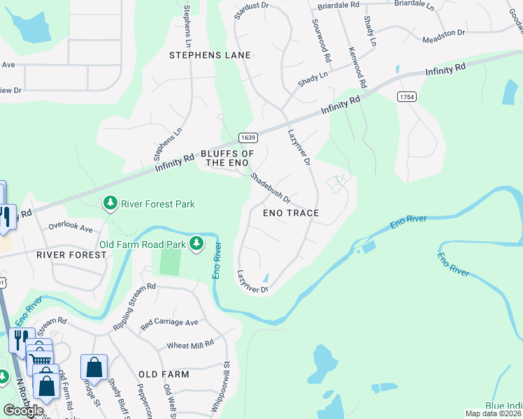 map of restaurants, bars, coffee shops, grocery stores, and more near 2 Warbler Lane in Durham