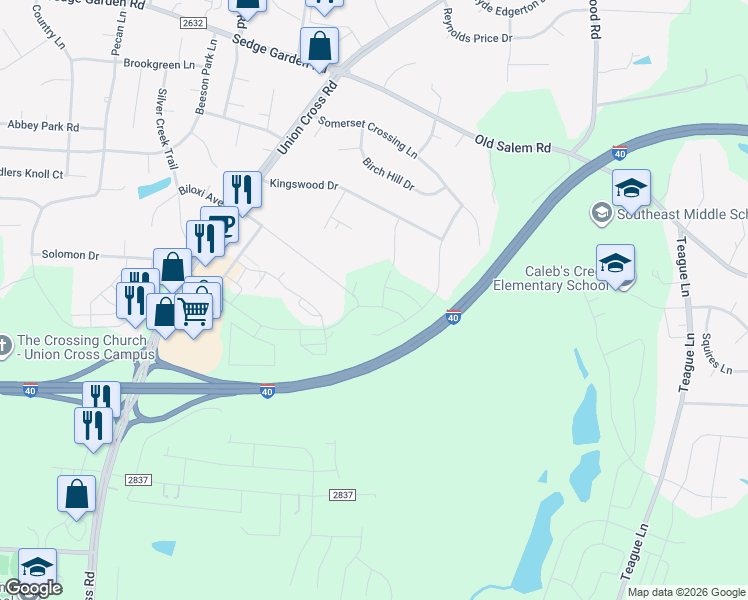 map of restaurants, bars, coffee shops, grocery stores, and more near 1262 Solomon Drive in Kernersville