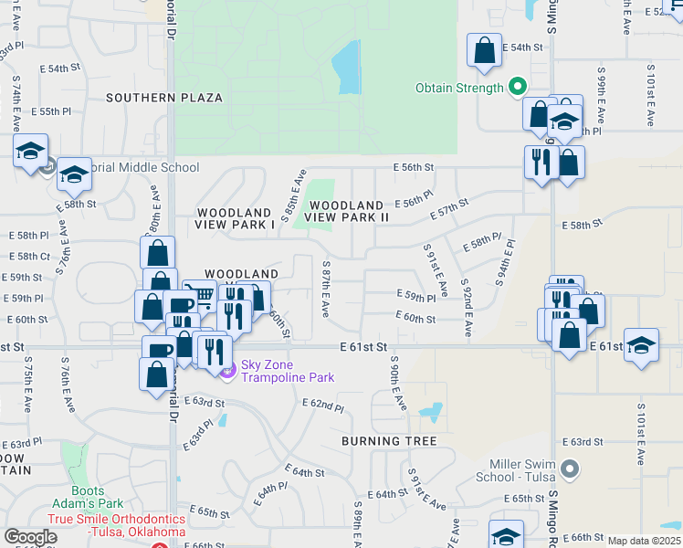 map of restaurants, bars, coffee shops, grocery stores, and more near 8713 East 59th Street in Tulsa