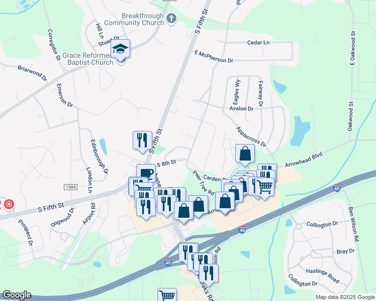 map of restaurants, bars, coffee shops, grocery stores, and more near 901 Arrowhead Ln in Mebane