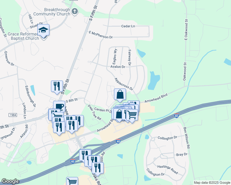 map of restaurants, bars, coffee shops, grocery stores, and more near 103 Carden Place Drive in Mebane