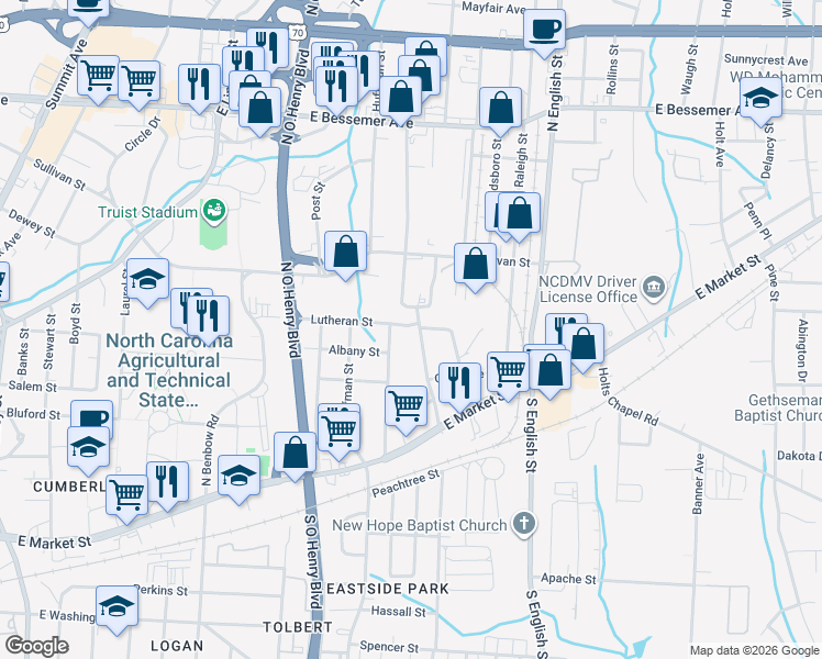 map of restaurants, bars, coffee shops, grocery stores, and more near 325 Winston Street in Greensboro