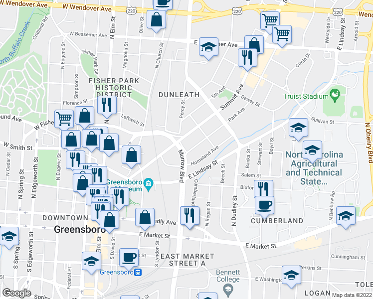 map of restaurants, bars, coffee shops, grocery stores, and more near 500 Percy Street in Greensboro