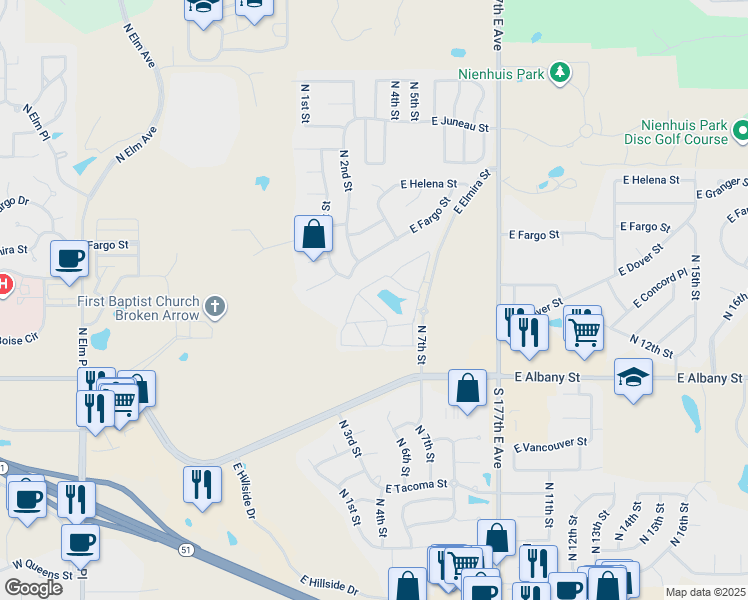 map of restaurants, bars, coffee shops, grocery stores, and more near 2700 North 7th Street in Broken Arrow