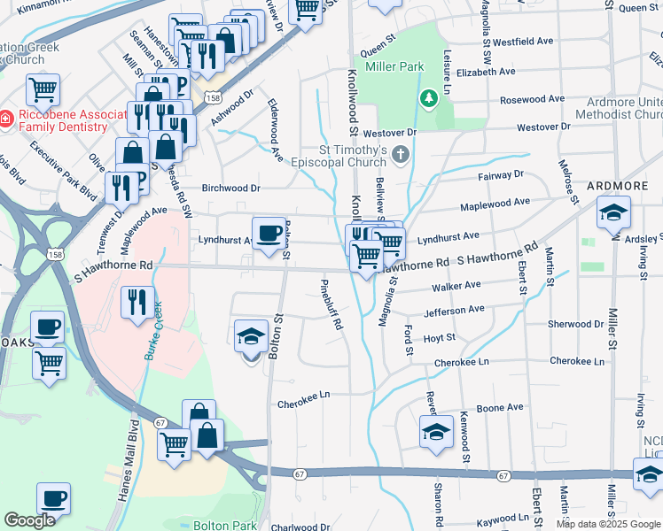 map of restaurants, bars, coffee shops, grocery stores, and more near 1520 South Hawthorne Road in Winston-Salem