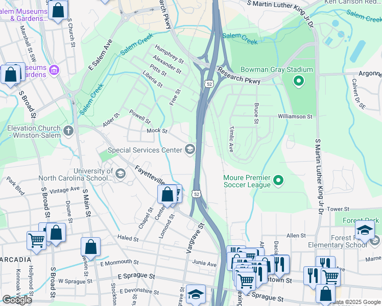 map of restaurants, bars, coffee shops, grocery stores, and more near 950 Mock Street in Winston-Salem