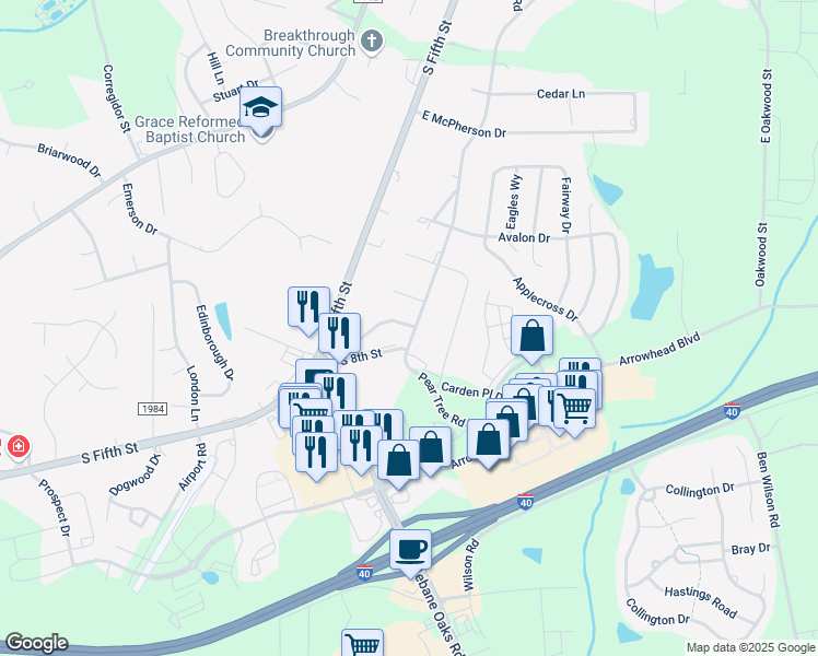 map of restaurants, bars, coffee shops, grocery stores, and more near 901 Arrowhead Ln in Mebane
