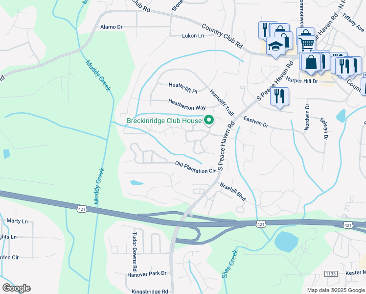 map of restaurants, bars, coffee shops, grocery stores, and more near 121 Rockridge Court in Winston-Salem