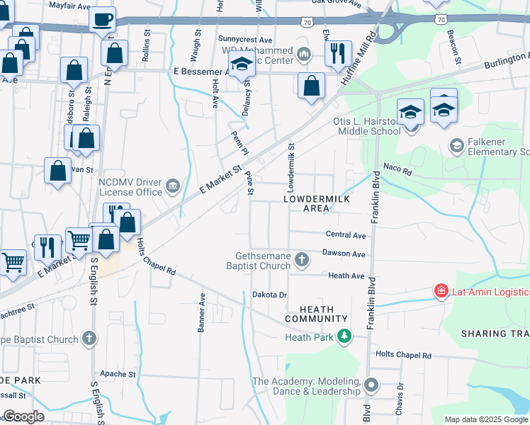map of restaurants, bars, coffee shops, grocery stores, and more near 504 Abington Drive in Greensboro