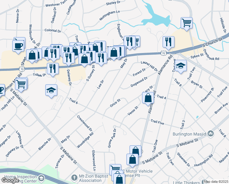 map of restaurants, bars, coffee shops, grocery stores, and more near 506 Laurel Hill Drive in Burlington
