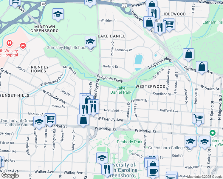 map of restaurants, bars, coffee shops, grocery stores, and more near 1407 Mimosa Drive in Greensboro
