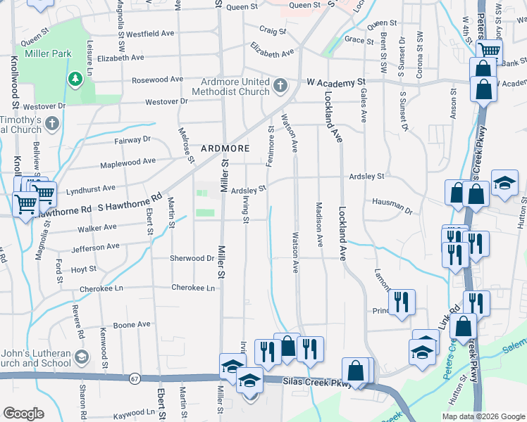 map of restaurants, bars, coffee shops, grocery stores, and more near 1022 Fenimore Street in Winston-Salem