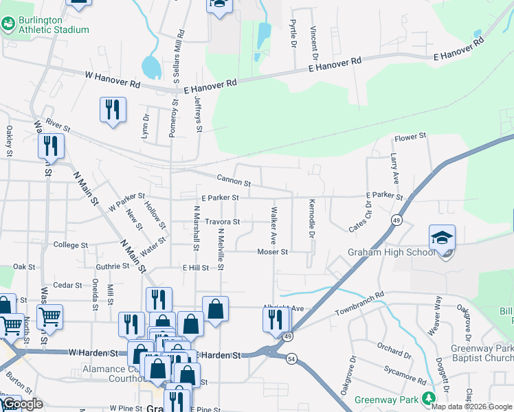map of restaurants, bars, coffee shops, grocery stores, and more near 318 Travora Street in Graham