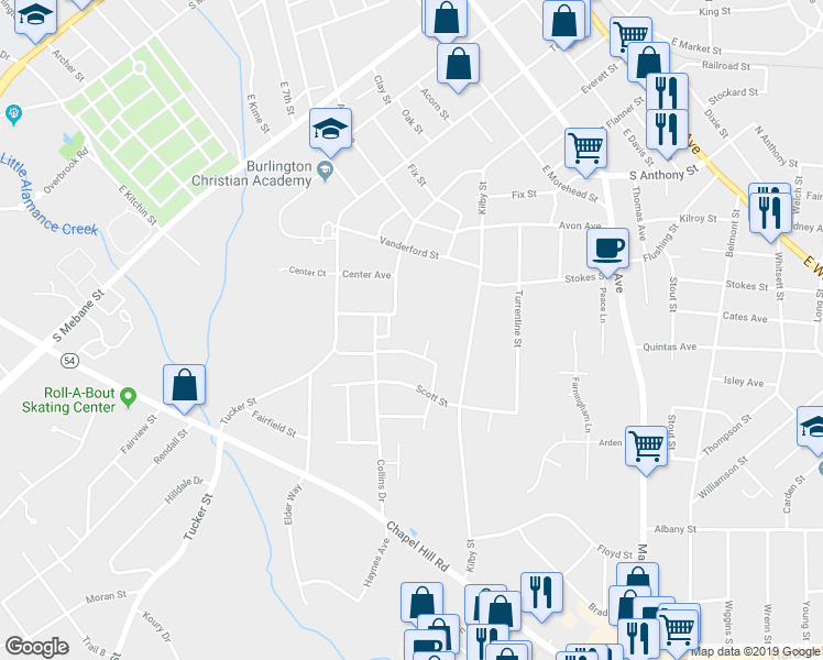 map of restaurants, bars, coffee shops, grocery stores, and more near 1212 Collins Drive in Burlington