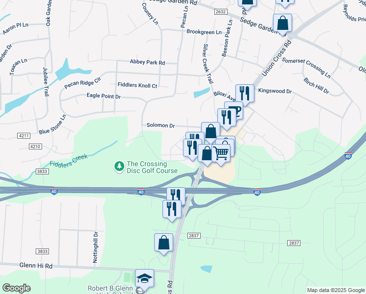 map of restaurants, bars, coffee shops, grocery stores, and more near 1698 Pecan Lane in Kernersville