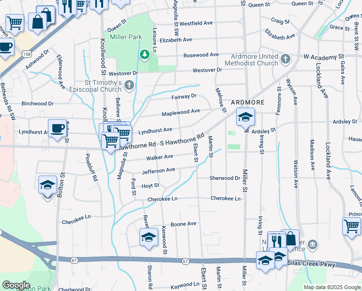 map of restaurants, bars, coffee shops, grocery stores, and more near 1145 South Hawthorne Road in Winston-Salem