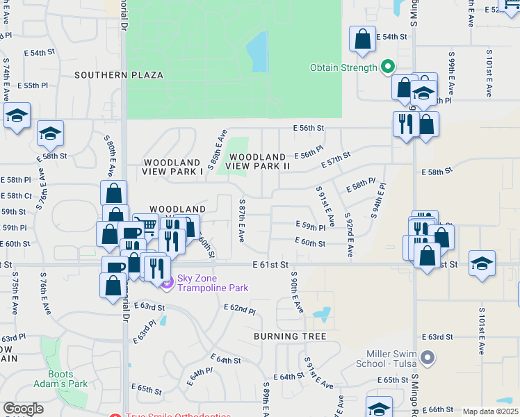 map of restaurants, bars, coffee shops, grocery stores, and more near 8713 East 59th Street in Tulsa
